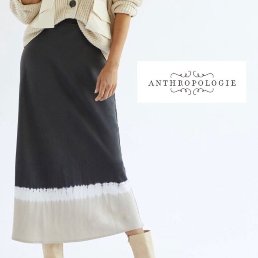 Anthropologie Cloth & Stone Small Tie Dye Midi Skirt Bias Black Tan White Tencel